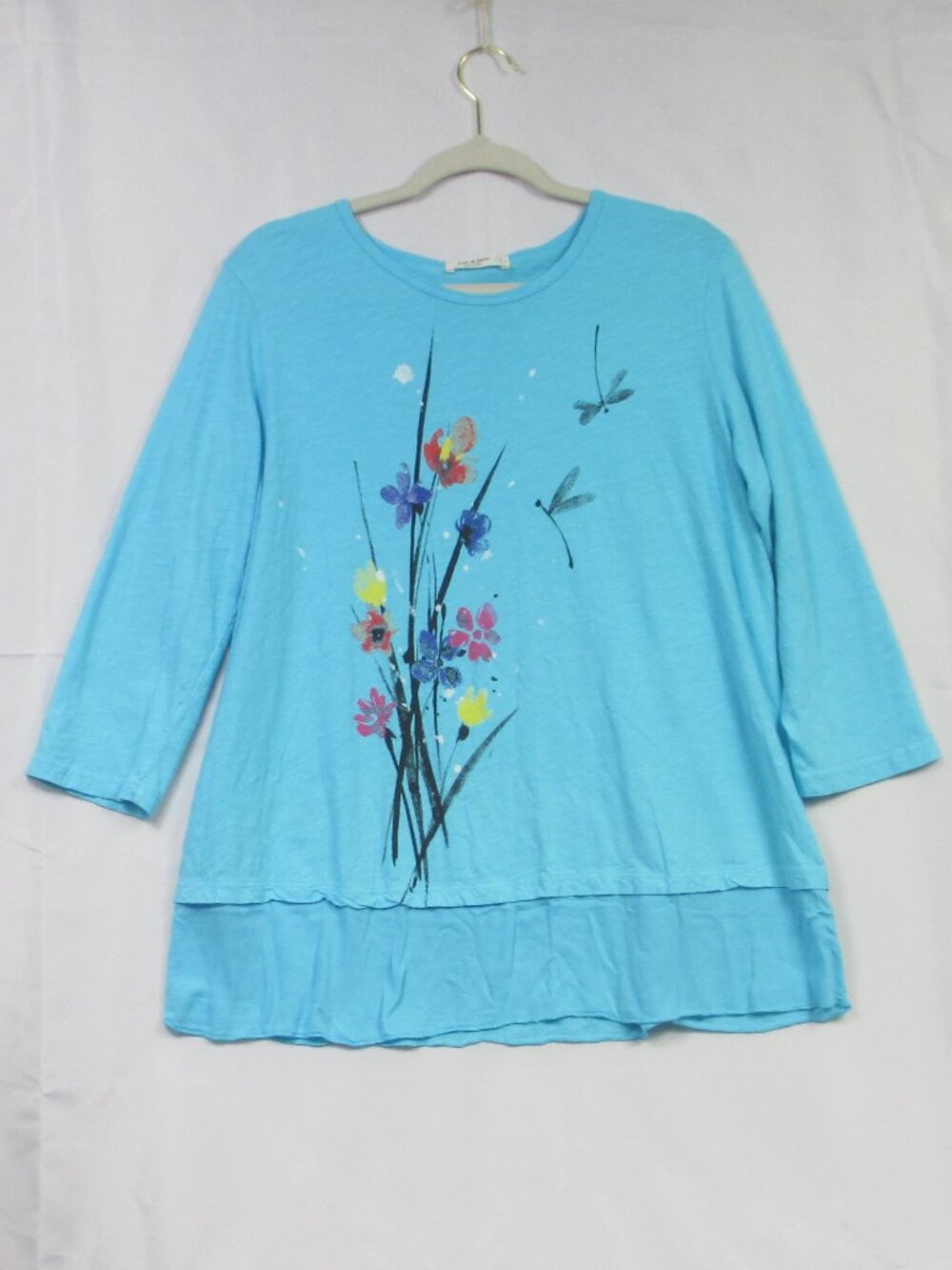 Jess & Jane Top Womens Blue Floral Dragonfly Mineral Wash Cotton Tunic Artsy L